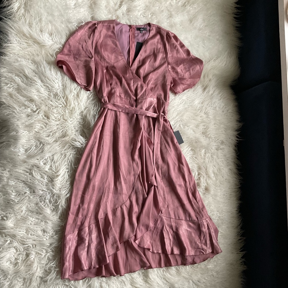 Lulu’s Wrapped Up In Love Mauve Satin Faux-Wrap Midi Dress